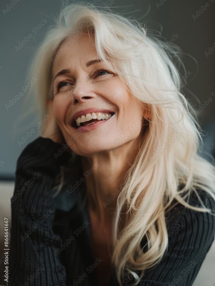 A happy woman with blonde hair is smiling while wearing a black sweater A happy woman with blonde hair is smiling while wearing a black sweater
