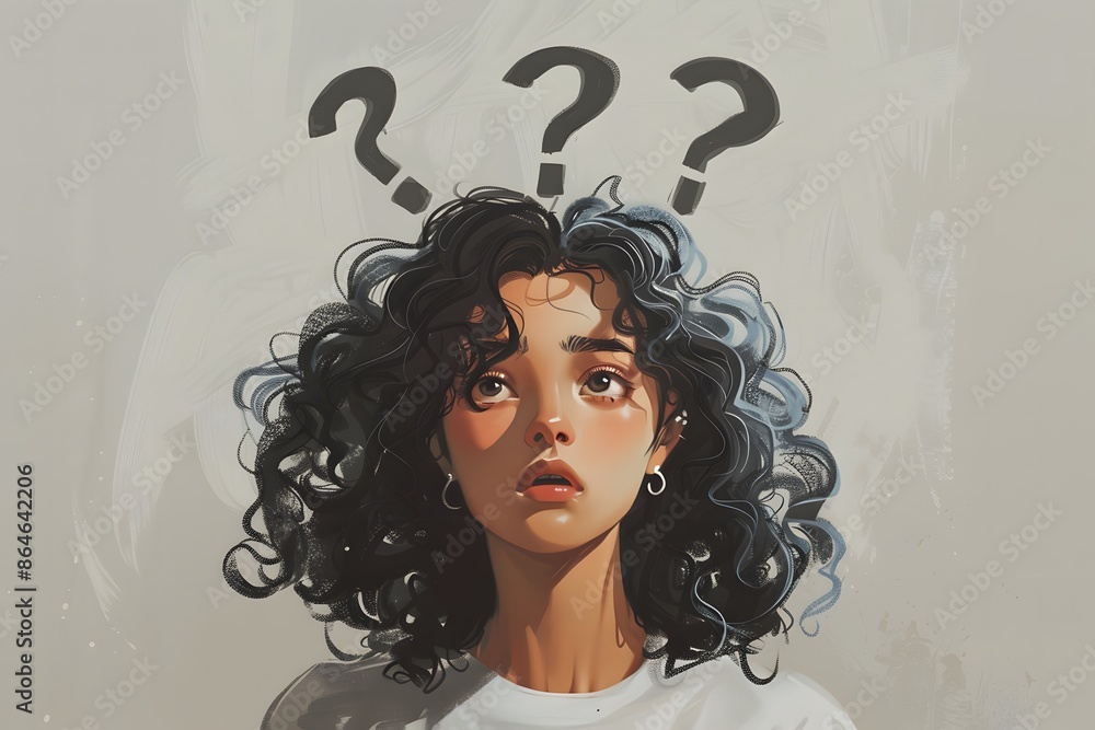 Girl Thinking with Question Marks on Grey Background Girl Thinking with Question Marks on Grey Background