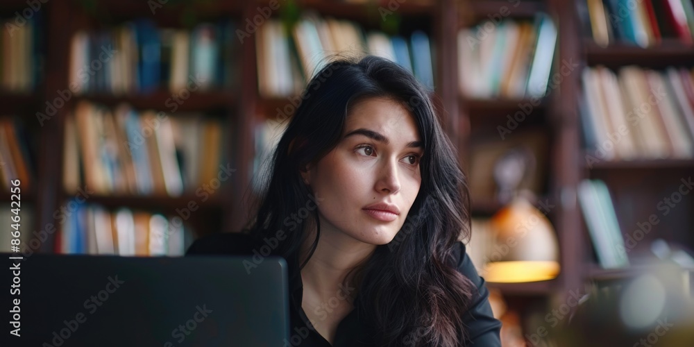 A woman sits in front of a laptop with a focused expression, possibly working or studying A woman sits in front of a laptop with a focused expression, possibly working or studying