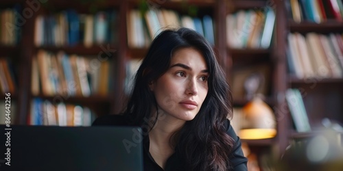 A woman sits in front of a laptop with a focused expression, possibly working or studying