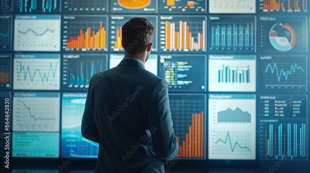 Business Analyst Reviewing Financial Data on Glass Wall with Charts and Graphs, Generative AI Business Analyst Reviewing Financial Data on Glass Wall with Charts and Graphs, Generative AI