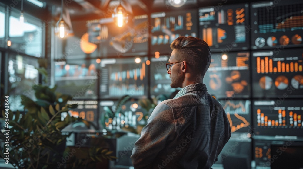 Modern Business Professional Analyzing Data on Multiple Digital Screens in a Stylish Office Environment, Generative AI Modern Business Professional Analyzing Data on Multiple Digital Screens in a Stylish Office Environment, Generative AI