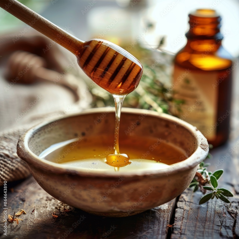 A wooden honey dipper pours golden honey into a rustic bowl A wooden honey dipper pours golden honey into a rustic bowl