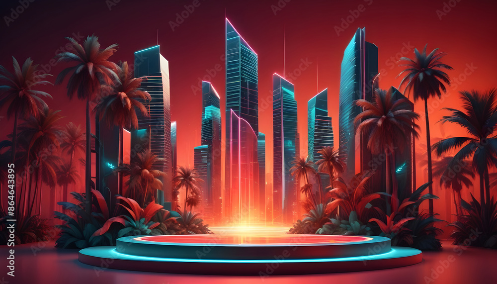 Obraz premium 3D Neon podium palm for beauty product sale 14