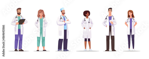 A group of doctors stand in a row, each wearing a white coat. Vector icon