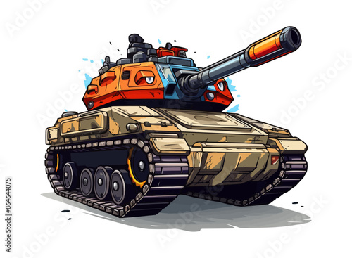 A cartoonish tank with a red and orange color scheme. Vector icon