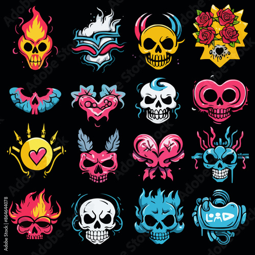 A collection of skulls and hearts with flames and roses. Vector icon photo