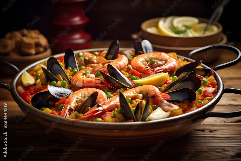 Authentic Seafood Paella with Shrimp, Mussels, and Clams Served in a Traditional Pan Authentic Seafood Paella with Shrimp, Mussels, and Clams Served in a Traditional Pan