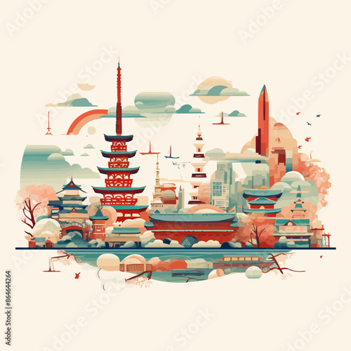 A cityscape with a large red tower in the center. Vector icon