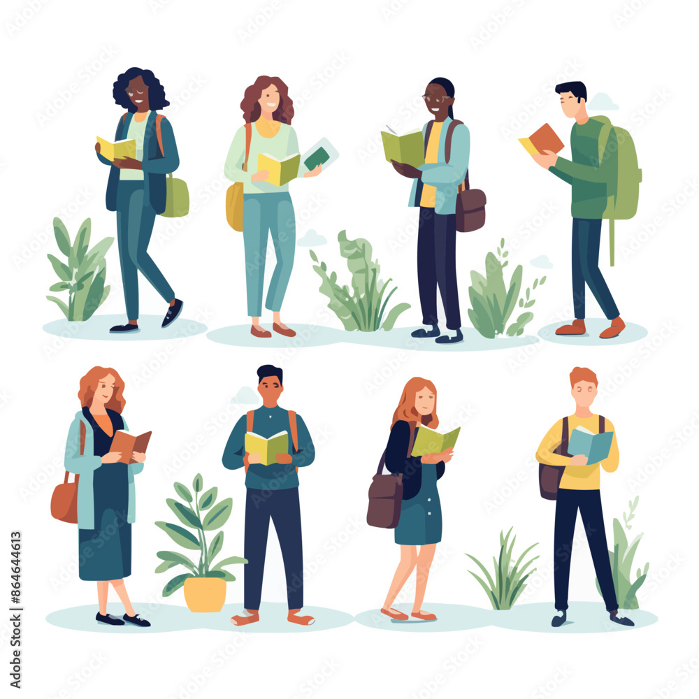 A group of people are reading books in a park. Vector icon A group of people are reading books in a park. Vector icon