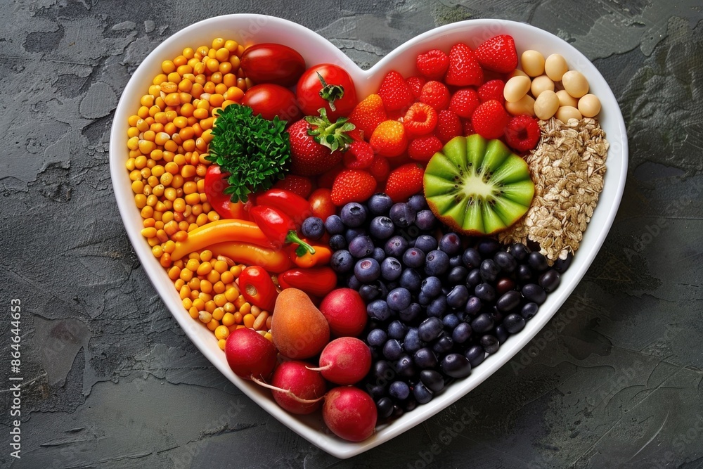 Fresh fruit and veggie arrangement in heart shape, great for health or wellness themed projects Fresh fruit and veggie arrangement in heart shape, great for health or wellness themed projects