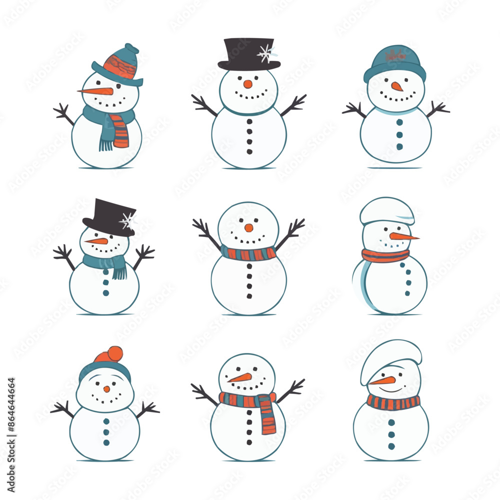 A set of snowmen with hats and scarves. Vector icon A set of snowmen with hats and scarves. Vector icon