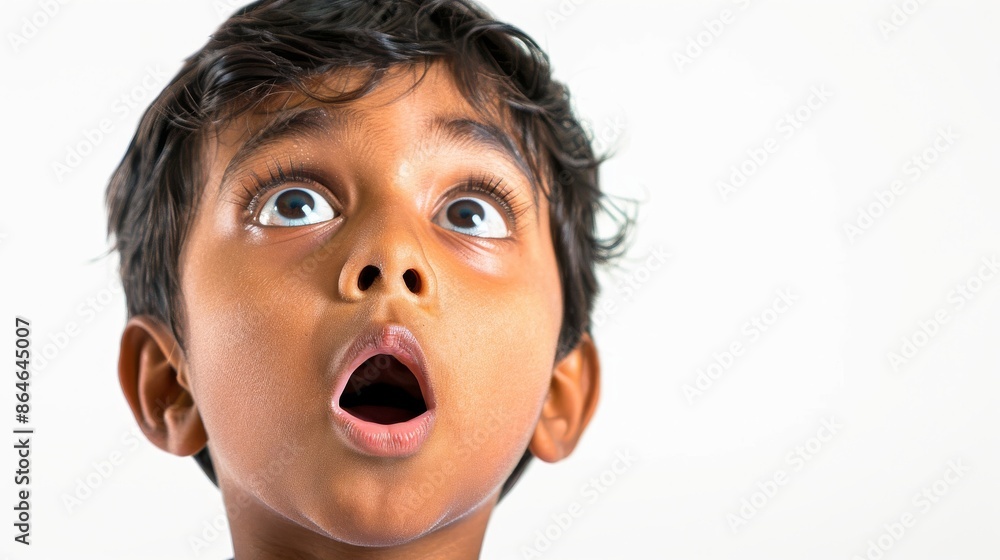 A young boy with dark hair and brown eyes stares upward with a surprised expression A young boy with dark hair and brown eyes stares upward with a surprised expression