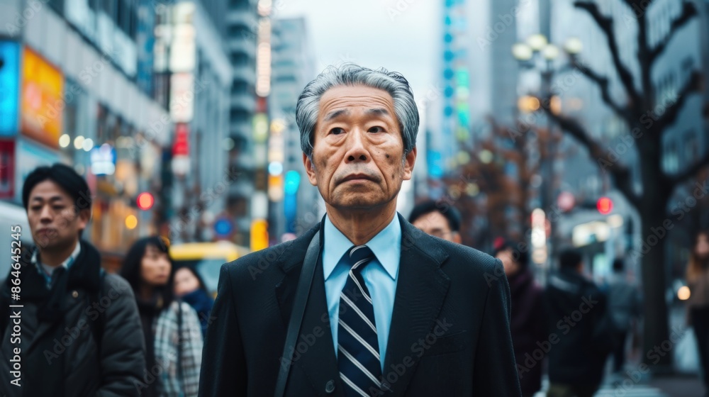 A man in a suit and tie stands in a busy city street. He looks tired and is surrounded by other people A man in a suit and tie stands in a busy city street. He looks tired and is surrounded by other people