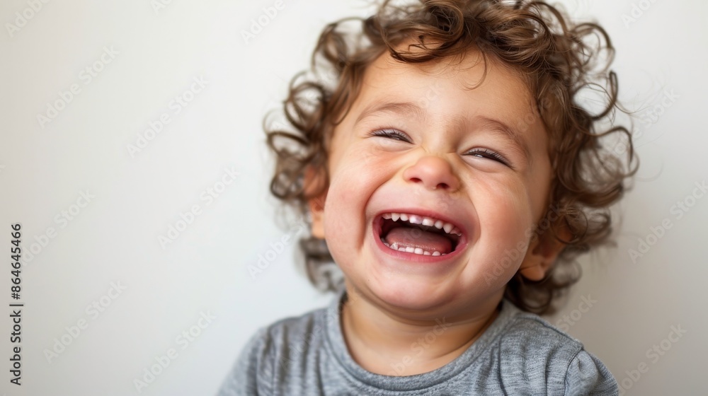 A young child with curly hair throws their head back in laughter A young child with curly hair throws their head back in laughter