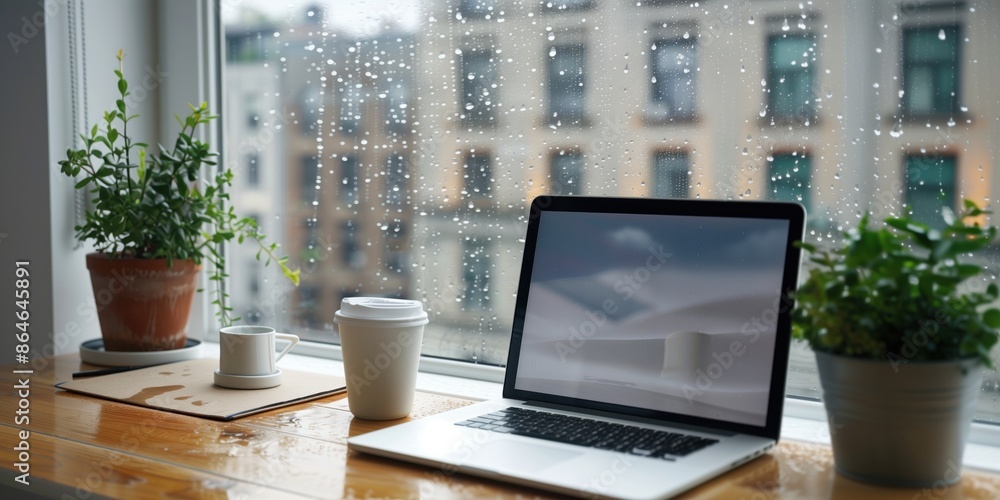 View from a plant-cluttered desk out a window into a rainy city and a laptop computer View from a plant-cluttered desk out a window into a rainy city and a laptop computer