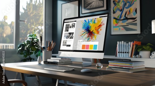 A computer monitor displays a colorful explosion of colors. The image is of a computer desk with a keyboard, mouse, and a potted plant. The desk is surrounded by books