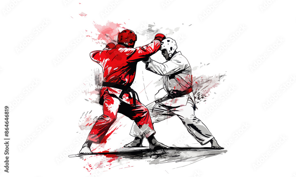 Two Martial Artists in Protective Gear Sparring with High Kick and Punch. Olympics in France 2024. Two Martial Artists in Protective Gear Sparring with High Kick and Punch. Olympics in France 2024.