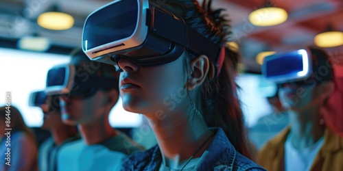 Group of people wearing VR headsets, exploring digital worlds