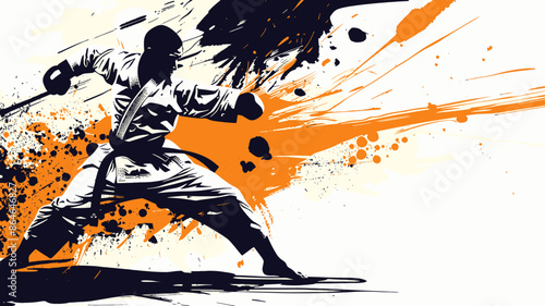 Martial Artist in Karate Gi Performing Punch with Colorful Abstract Background. Olympics in France 2024.