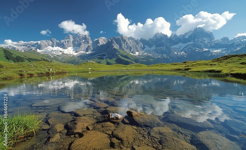Tranquil Mountain Lake Reflecting Cloudy Sky in the Alps