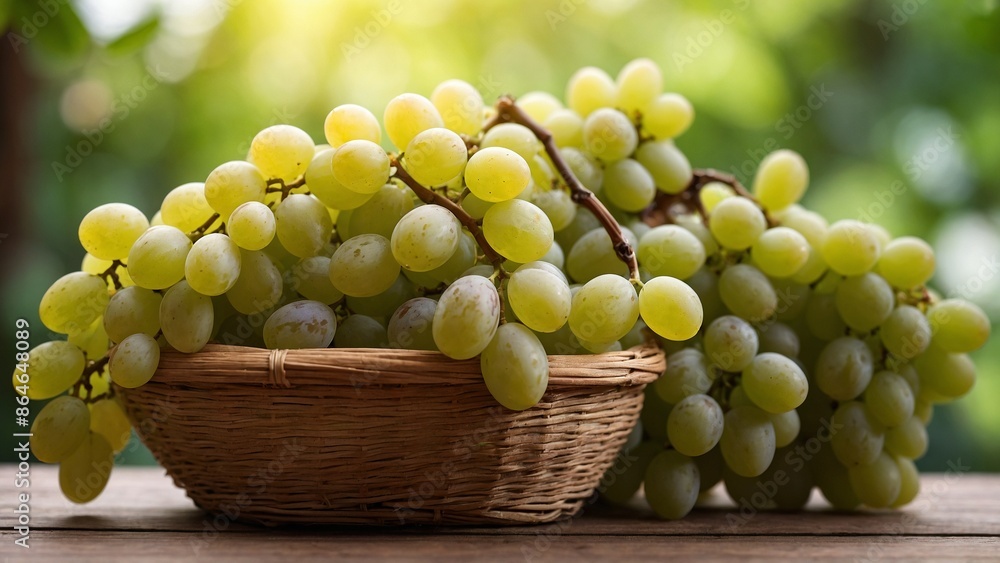 fresh Green grape in Bamboo basket on wooden table in garden, Shine Muscat Grape with leaves in blur background, fresh Green grape in Bamboo basket on wooden table in garden, Shine Muscat Grape with leaves in blur background,