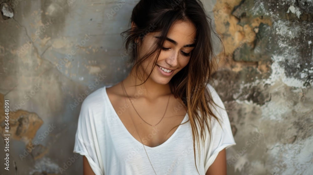 A young woman with long brown hair smiles as she looks down A young woman with long brown hair smiles as she looks down
