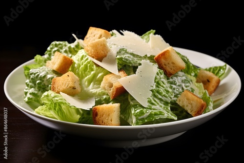 Traditional caesar salad consisting of parmesan cheese, croutons, and lettuce. salad with Caesar dressing. Delicious vegetarian recipe for a cookbook. menu for diet and fitness. top view.