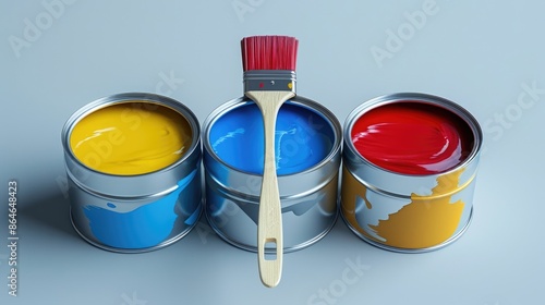 On display are three cans of paint - blue, red, and yellow - each with a bit of paint inside, topped with a paintbrush.