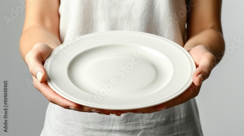 Person holding a pristine white plate against a clear space, emphasizing culinary preparation.