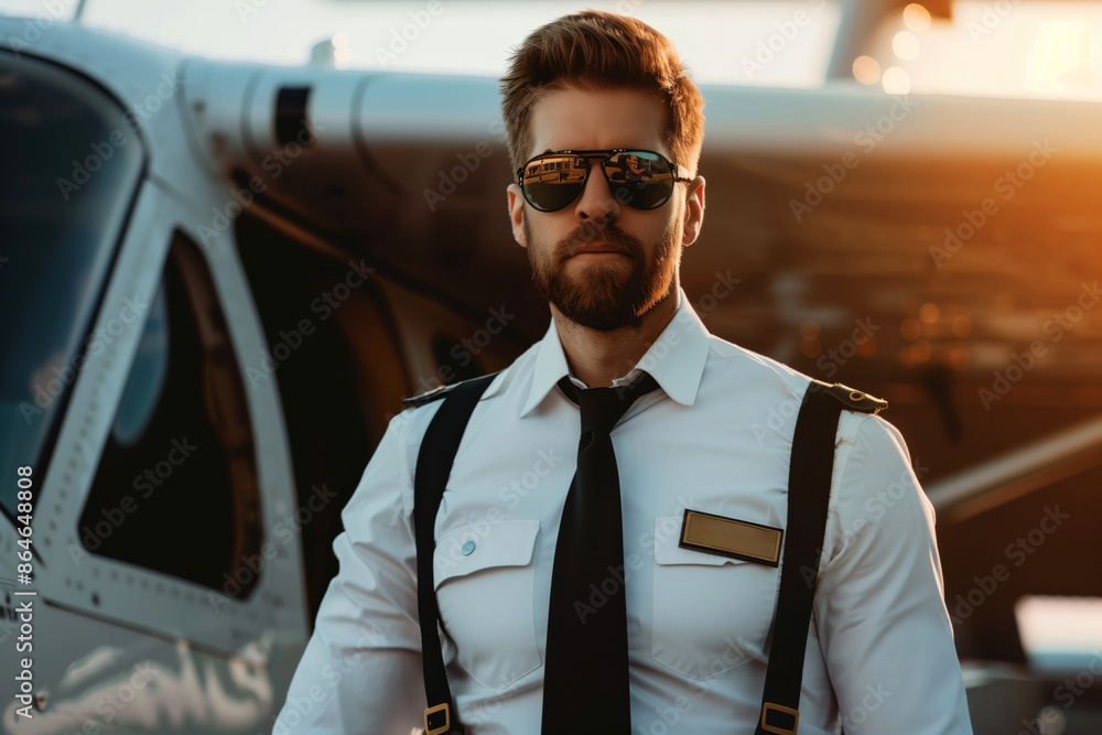A handsome man pilot in front of his airplane on the clear sunny evening A handsome man pilot in front of his airplane on the clear sunny evening