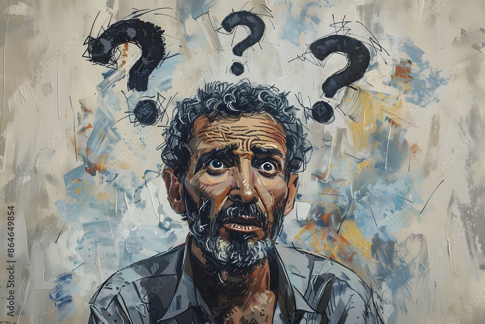 Fototapeta premium Curious Jewish Man Thinking with Question Marks