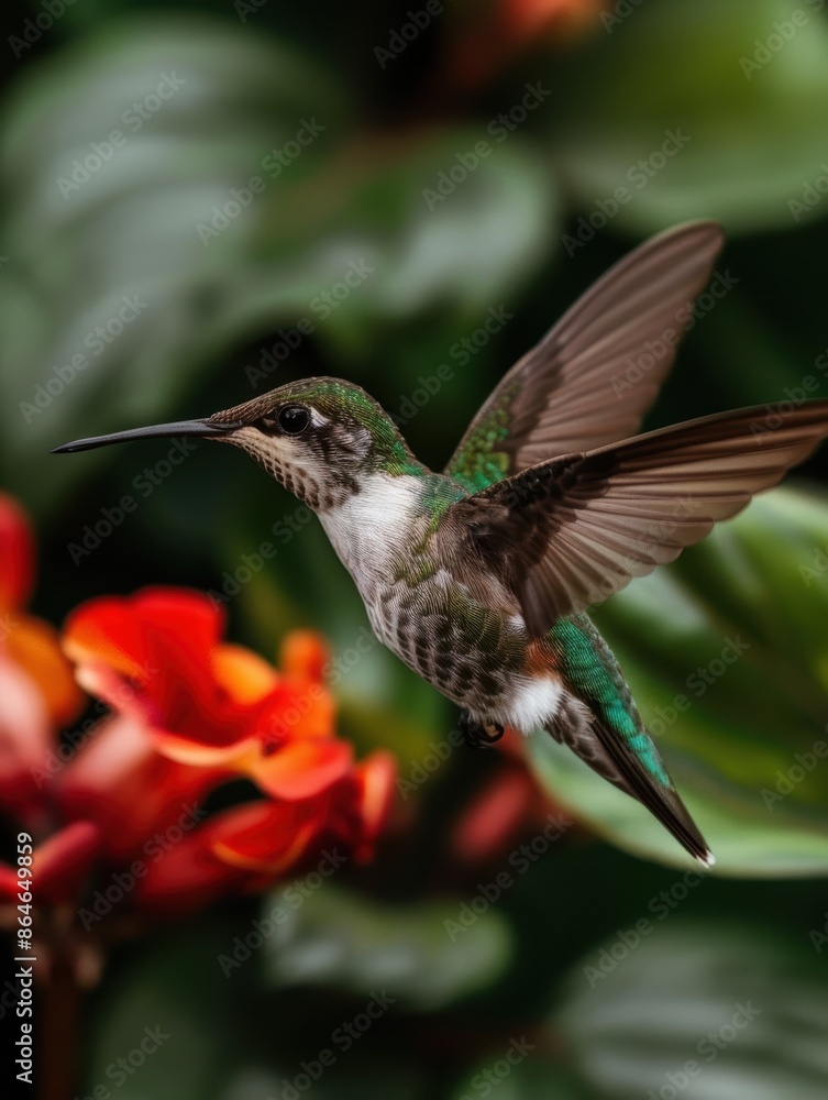 Naklejka premium Hummingbird in flight near vibrant red flower