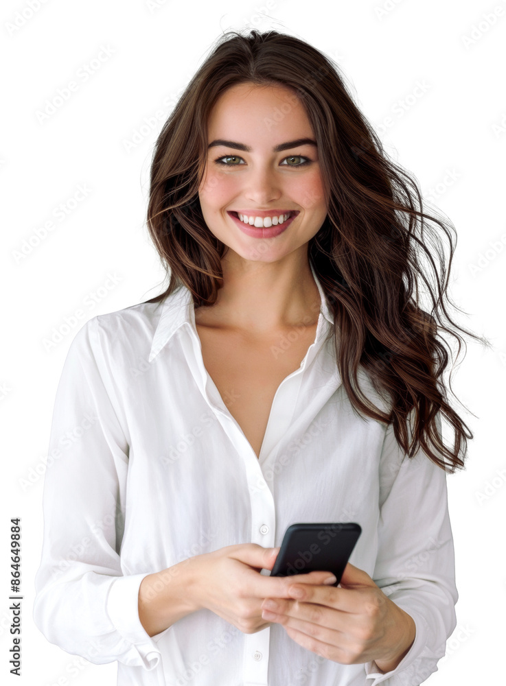 Young Caucasian woman wearing a white shirt, smiling warmly while holding a phone, isolated on a transparent background. Young Caucasian woman wearing a white shirt, smiling warmly while holding a phone, isolated on a transparent background.