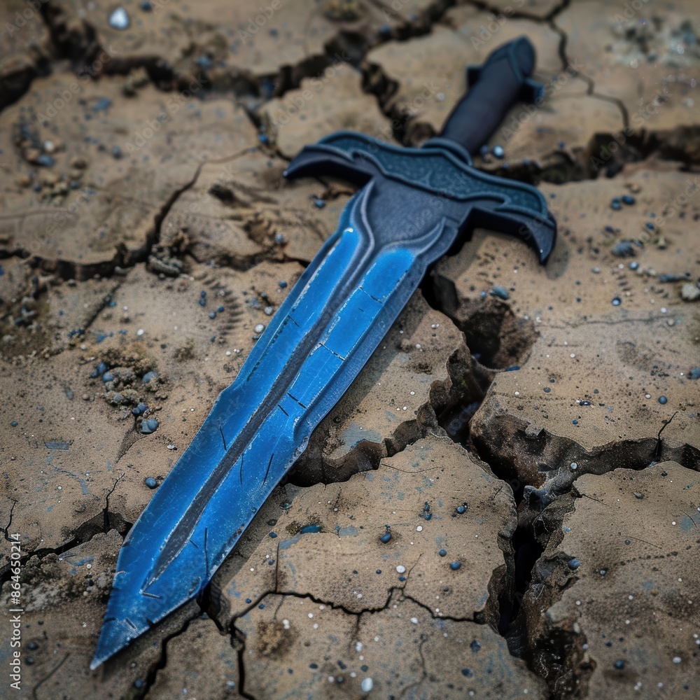 Cracked earth with a blue fantasy dagger Cracked earth with a blue fantasy dagger