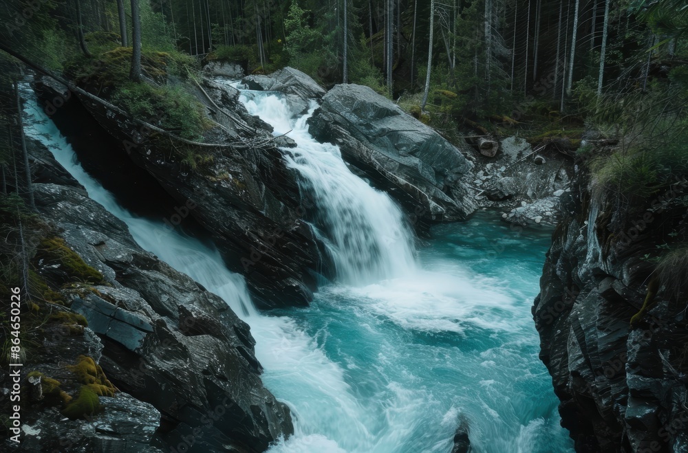 Fototapeta premium Powerful waterfall flowing through a lush, mossy forest