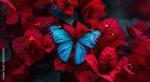 Vibrant blue butterfly on red flowers