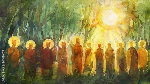 A watercolor painting of men standing in a forest with a bright sun shining above, Bible theme, All Saints' Day