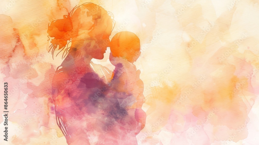 Obraz premium A watercolor painting depicts a mother holding her baby in a loving embrace, the soft colors reflecting the tenderness of their bond, copy space