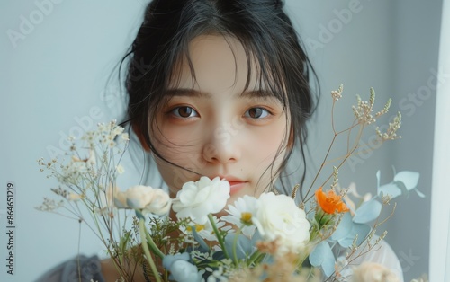 Young Woman With Dark Hair Holding Flowers and Looking at Camera