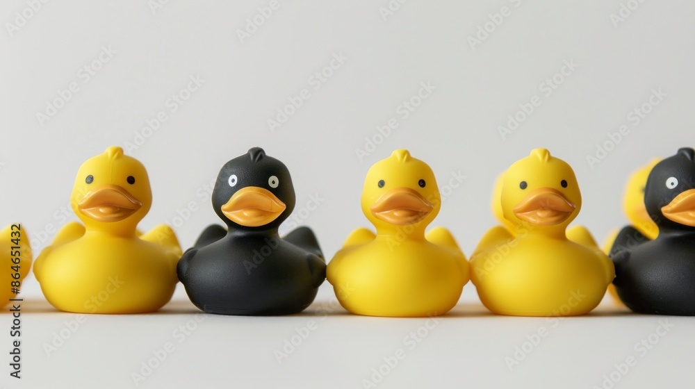 row of yellow ducklings with some black ones on white background row of yellow ducklings with some black ones on white background