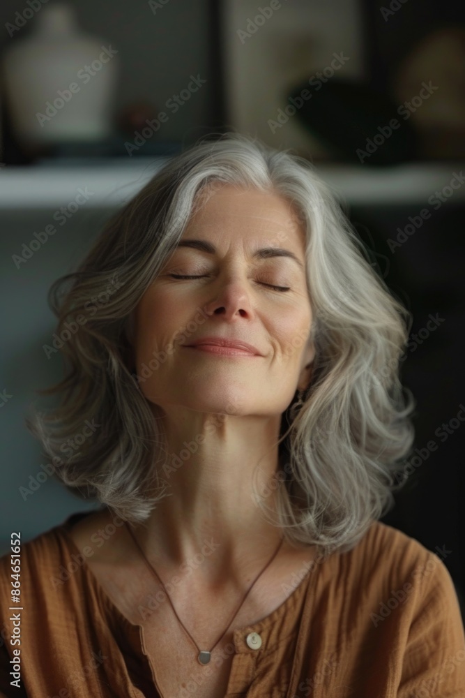 Fototapeta premium A woman lying down with her eyes shut, possibly meditating or sleeping