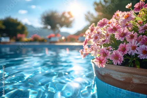 Orange Flowers Bloom Near Poolside Loungers At Sunset