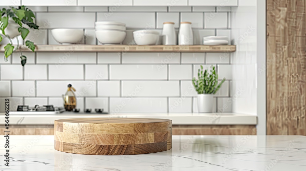 Contemporary kitchen design with an empty wooden pedestal on a stylish table against a neutral white brick background Contemporary kitchen design with an empty wooden pedestal on a stylish table against a neutral white brick background