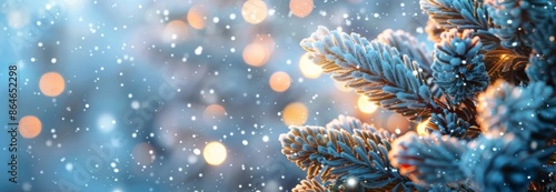 Frosted Pine Branch With Warm Lights and Sparkling Snow During Winter