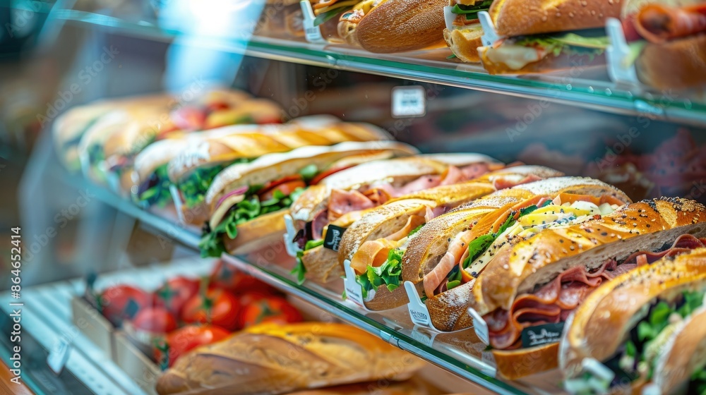 Freshly made submarine sandwiches on display in a deli. Varieties of ...