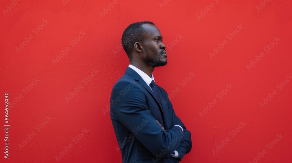 A businessman stands against a bright red background, dressed in formal attire A businessman stands against a bright red background, dressed in formal attire