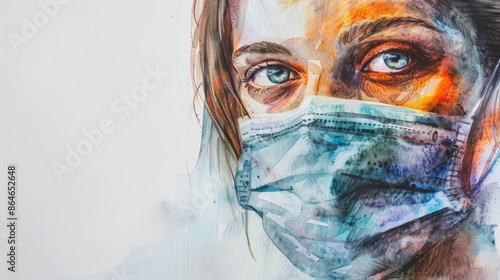 A close-up watercolor painting of a womans face wearing a blue face mask, copy space photo