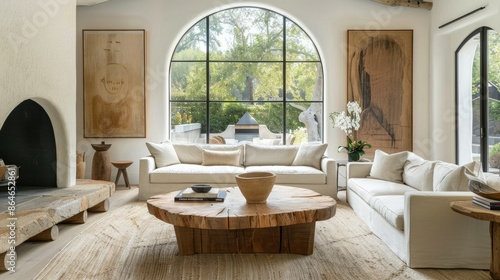 Minimalist living room interior with large arched window, natural wood furniture and neutral colors. Concept of modern home design, tranquility, and elegance.