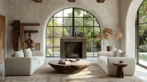 Modern living room interior with large arched windows, white sofas, fireplace, and wooden coffee table. Concept of luxury, home decor, and interior design